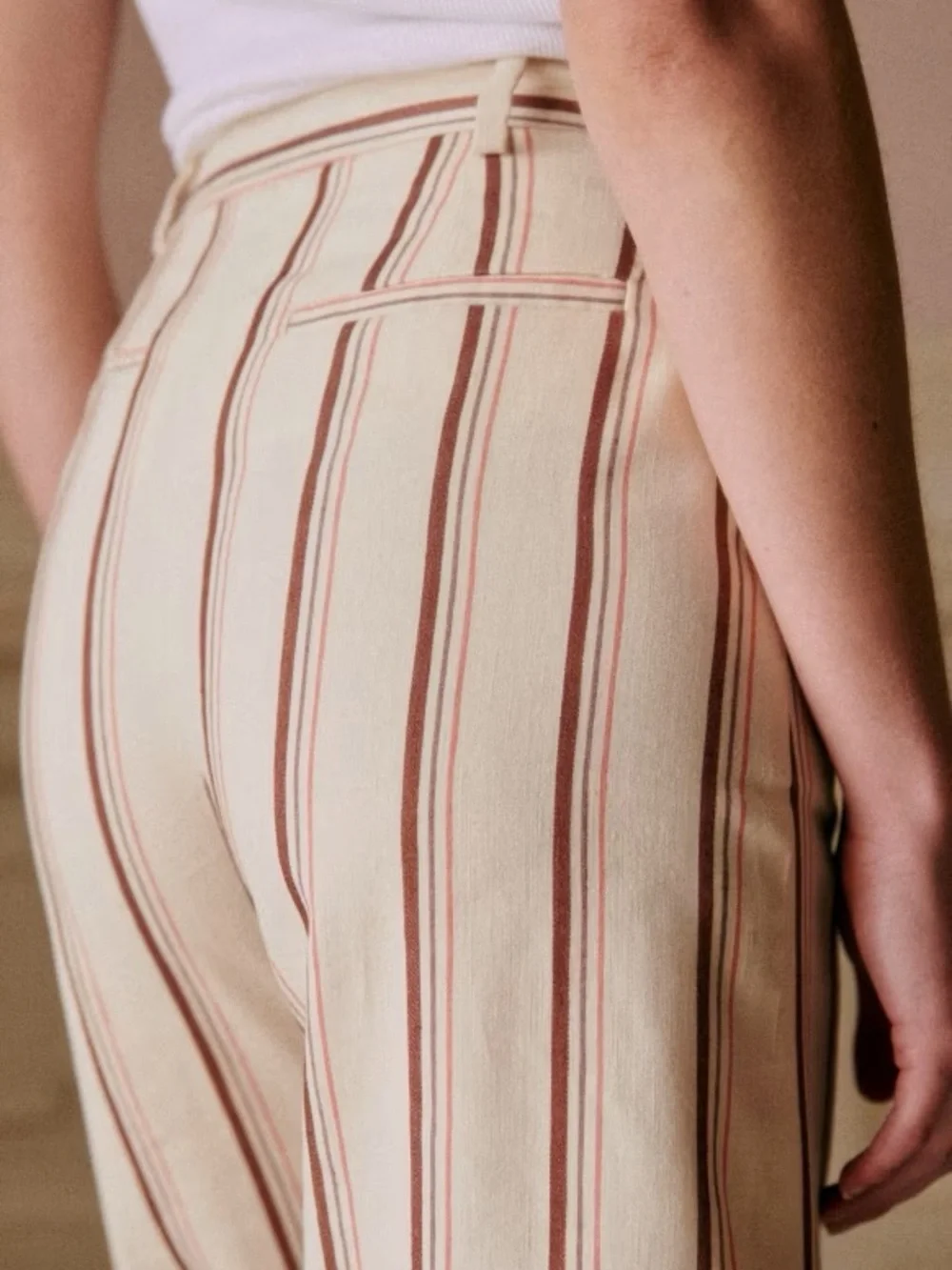 NWT Sézane Matheo Trousers in Stripes Beige Pink Brown Size 4/36